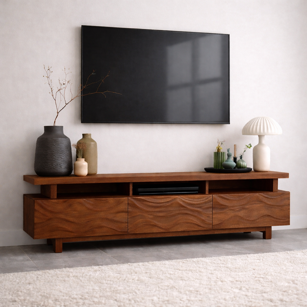 Mid Century Solid Wood TV Stand Long Media Console Modern Entertainment Cabinet Kitchnce