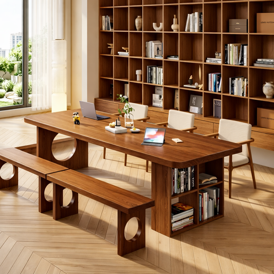 Stylish Work Desk with Open Shelves and Round Accent for Home or Office
