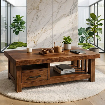 Modern Solid Wood Coffee Table with Drawer and Open Shelf for Living Room Storage Kitchnce