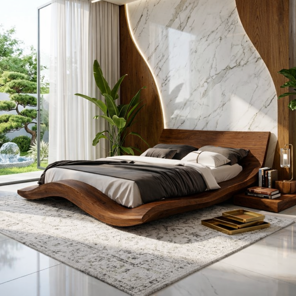 Modern Curved Wave Bed Frame, Luxury Platform Bedroom Furniture Design