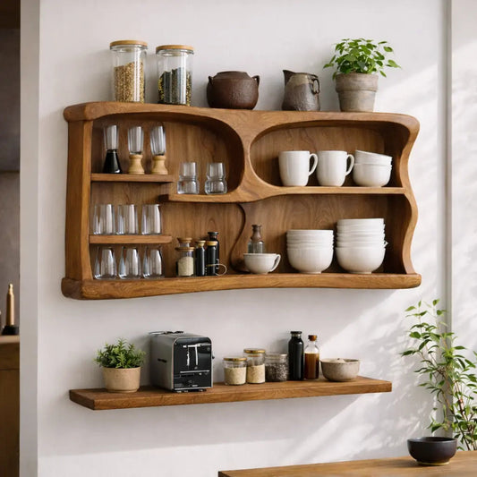Solid Wood Kitchen Cabinet Shelf – Modern Open Wall Storage with Curved Design Kitchnce