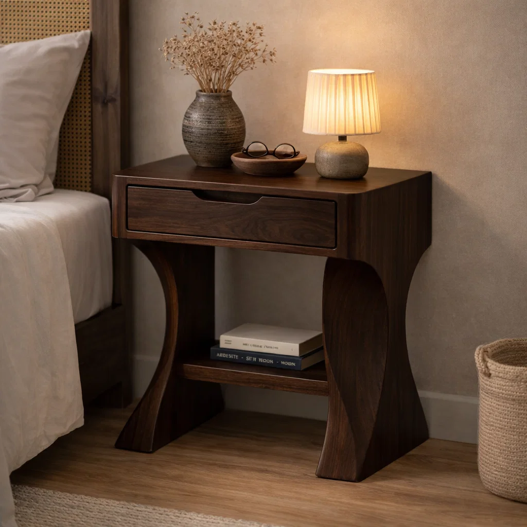 Solid Walnut Nightstand with Drawer and Shelf – Modern Curved Wood Bedside Table Kitchnce