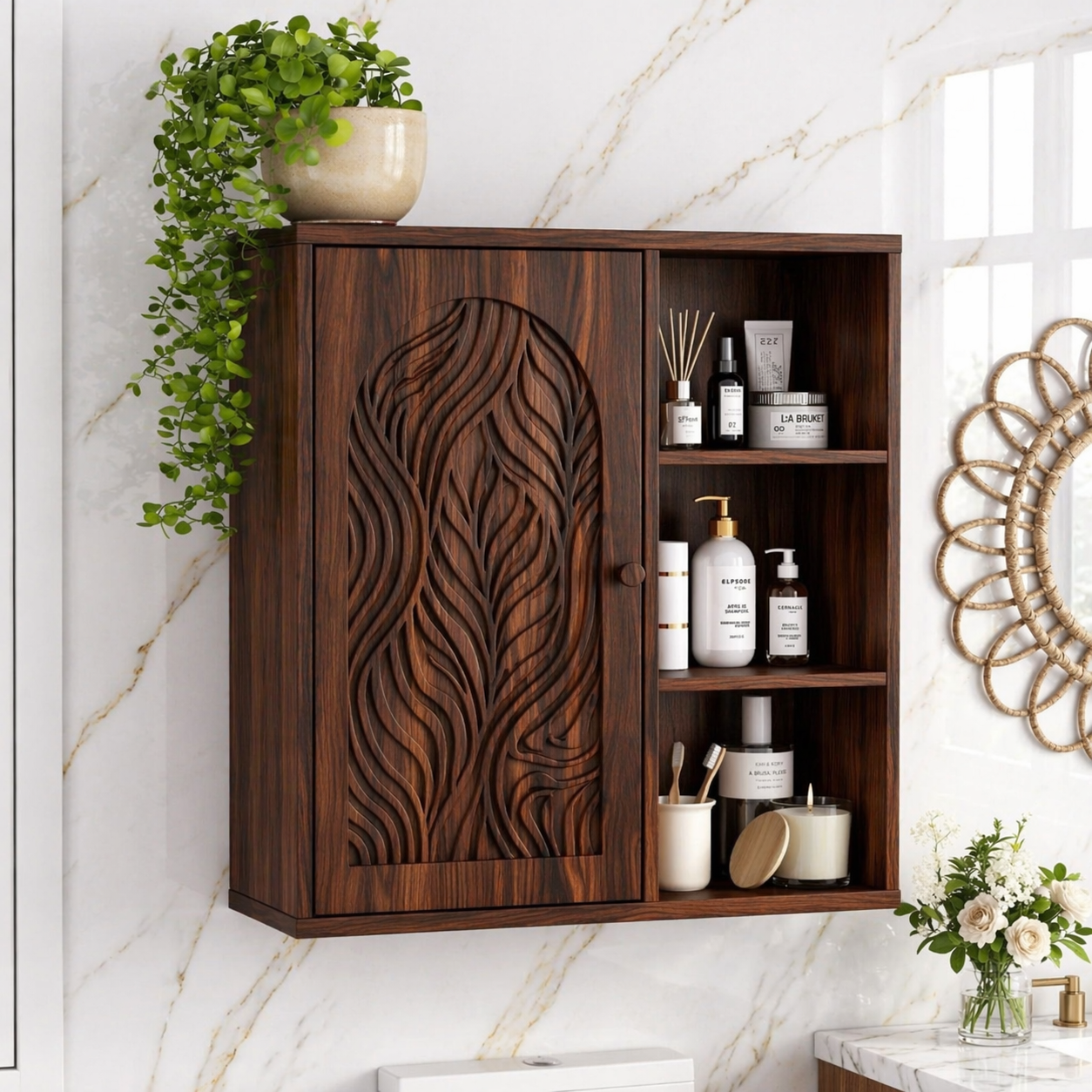 Floating Bathroom Cabinet, Modern Carved Wall Mounted Vanity Storage Organizer Unit