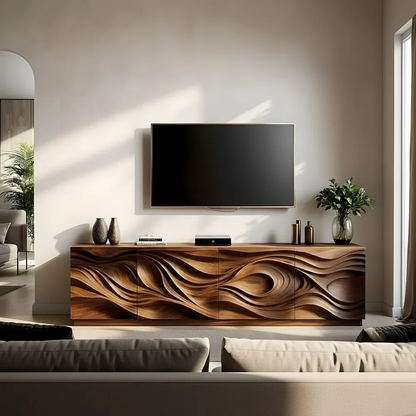 Solid Wood TV Stand Modern Walnut Media Console with Sculpted Wave Doors and Storage
