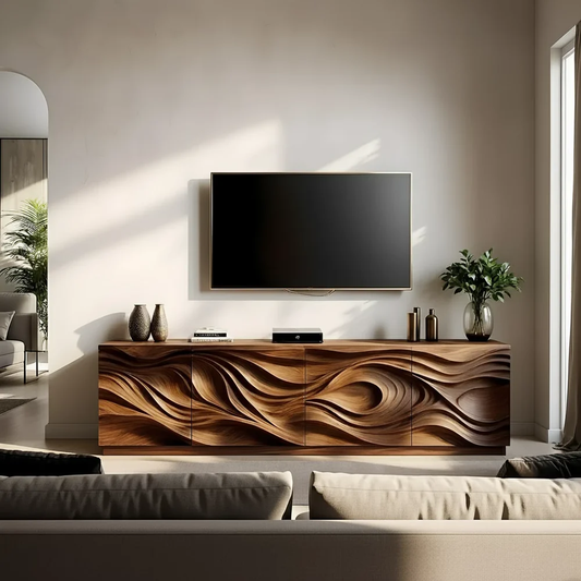 Solid Wood TV Stand Modern Walnut Media Console with Sculpted Wave Doors and Storage