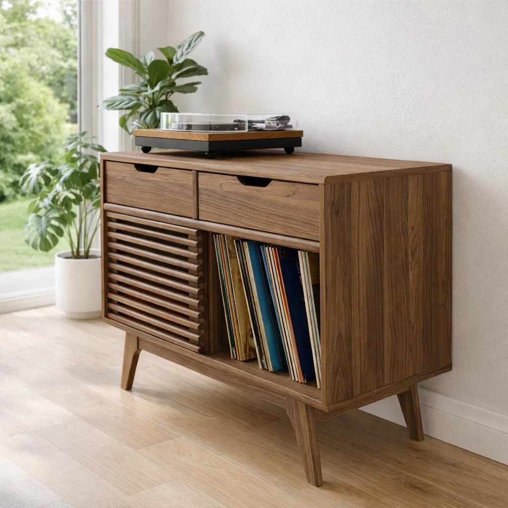 Mid Century Record Player Sideboard Cabinet with Slatted Door – Vinyl Storage Console