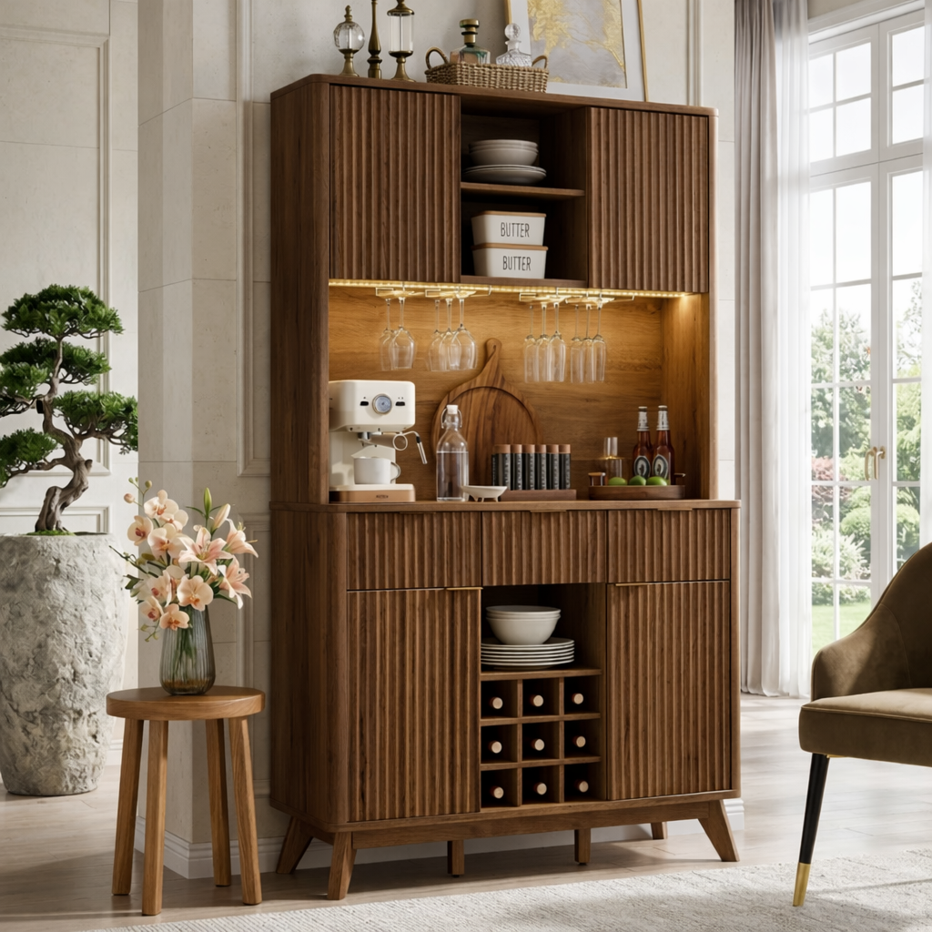 Tall Contemporary Fluted Wooden Bar Cabinet, Coffee-Station Hutch with Wine Storage