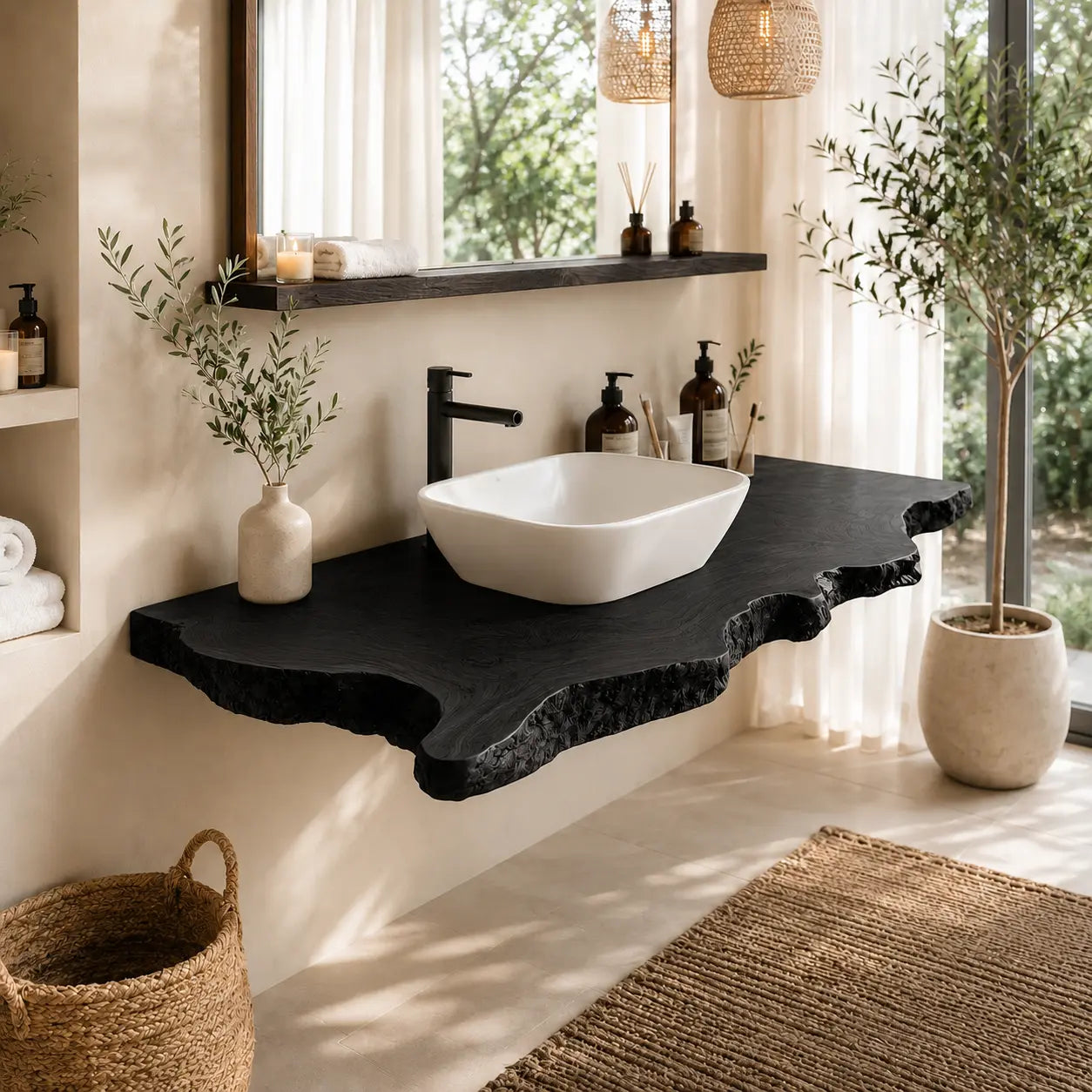 Bark Edge Floating Vanity Shelf | Natural Live Edge Solid Wood Bathroom Kitchnce