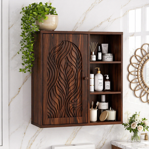 Floating Bathroom Cabinet, Modern Carved Wall Mounted Vanity Storage Organizer Unit