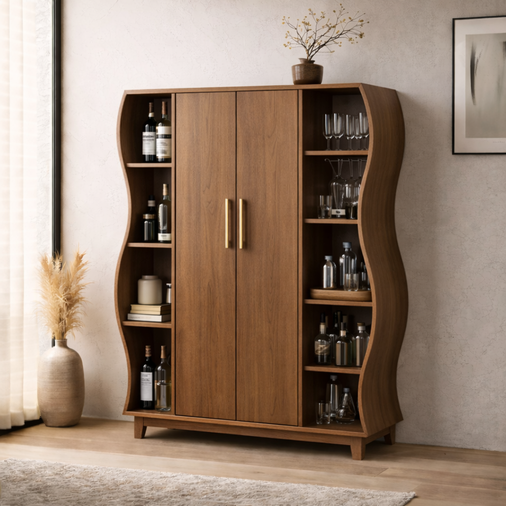 Solid Wood Curved Bar Cabinet with Open Shelves – Modern Walnut Wine Storage Cabinet