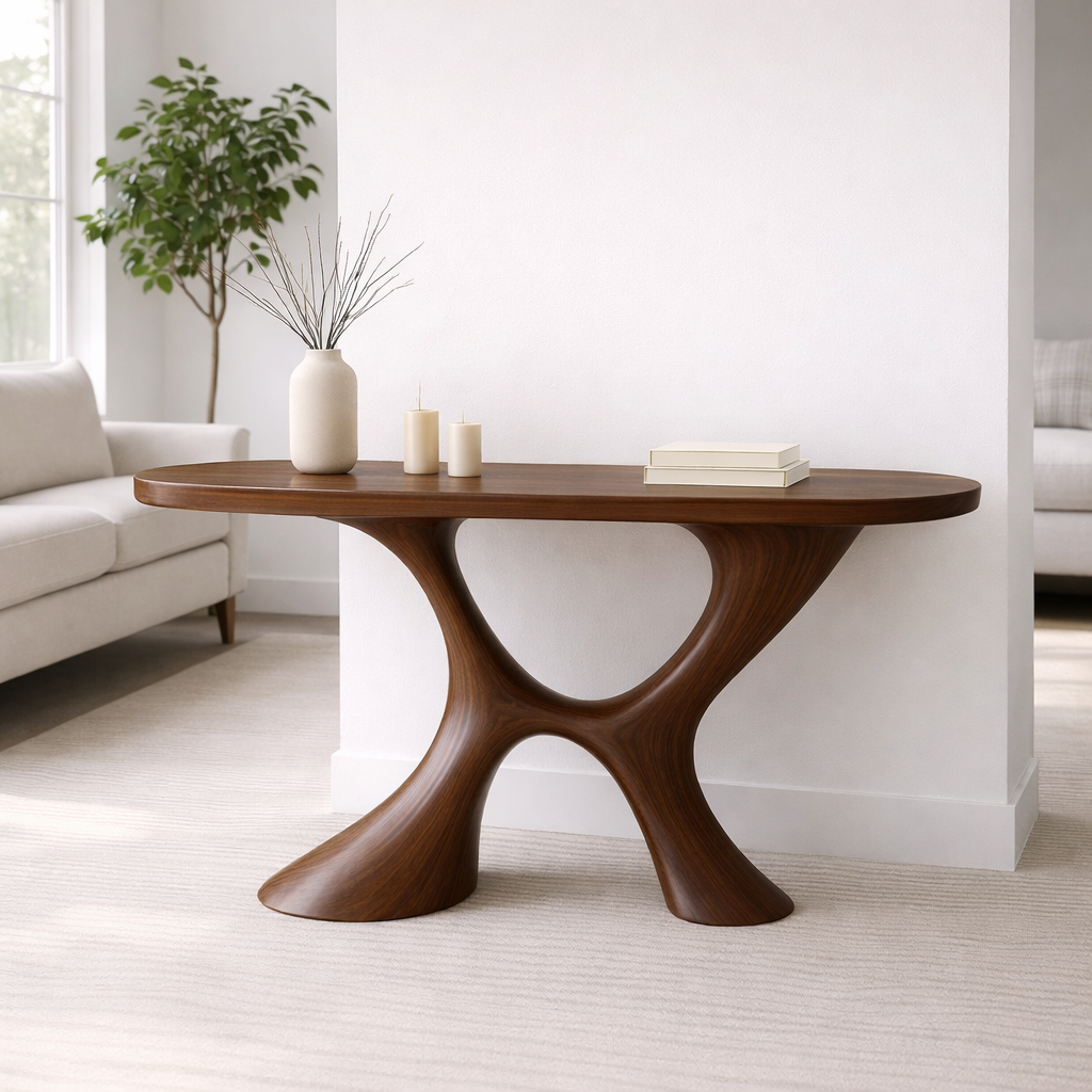 Modern Solid Wood Console Table, Sculptural Organic Base Entryway Hallway Oak Statement Furniture Kitchnce