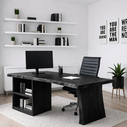 Live Edge Office Desk Modern Executive Writing Desk With Storage Shelf Large Workspace
