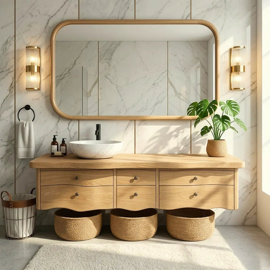 Rustic Double Sink Floating Vanity with Wooden Base and Black Faucets Kitchnce