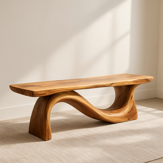 Modern Solid Wood Bench with Curved Base – Handmade Wooden Entryway Bench Kitchnce
