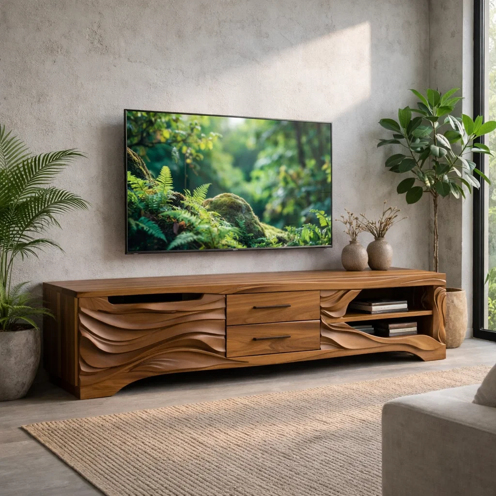 Solid Wood TV Stand with Carved Wave Front – Modern Media Console for Living Room Kitchnce