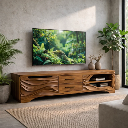 Solid Wood TV Stand with Carved Wave Front – Modern Media Console for Living Room Kitchnce