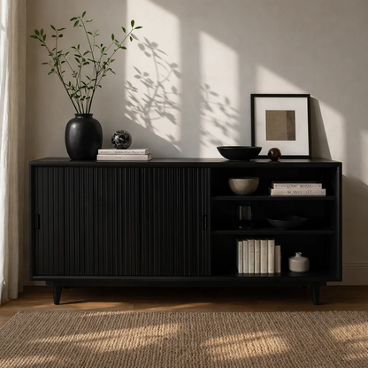 Solid Wood Sideboard Cabinet with Sliding Slatted Doors & Open Shelf Storage