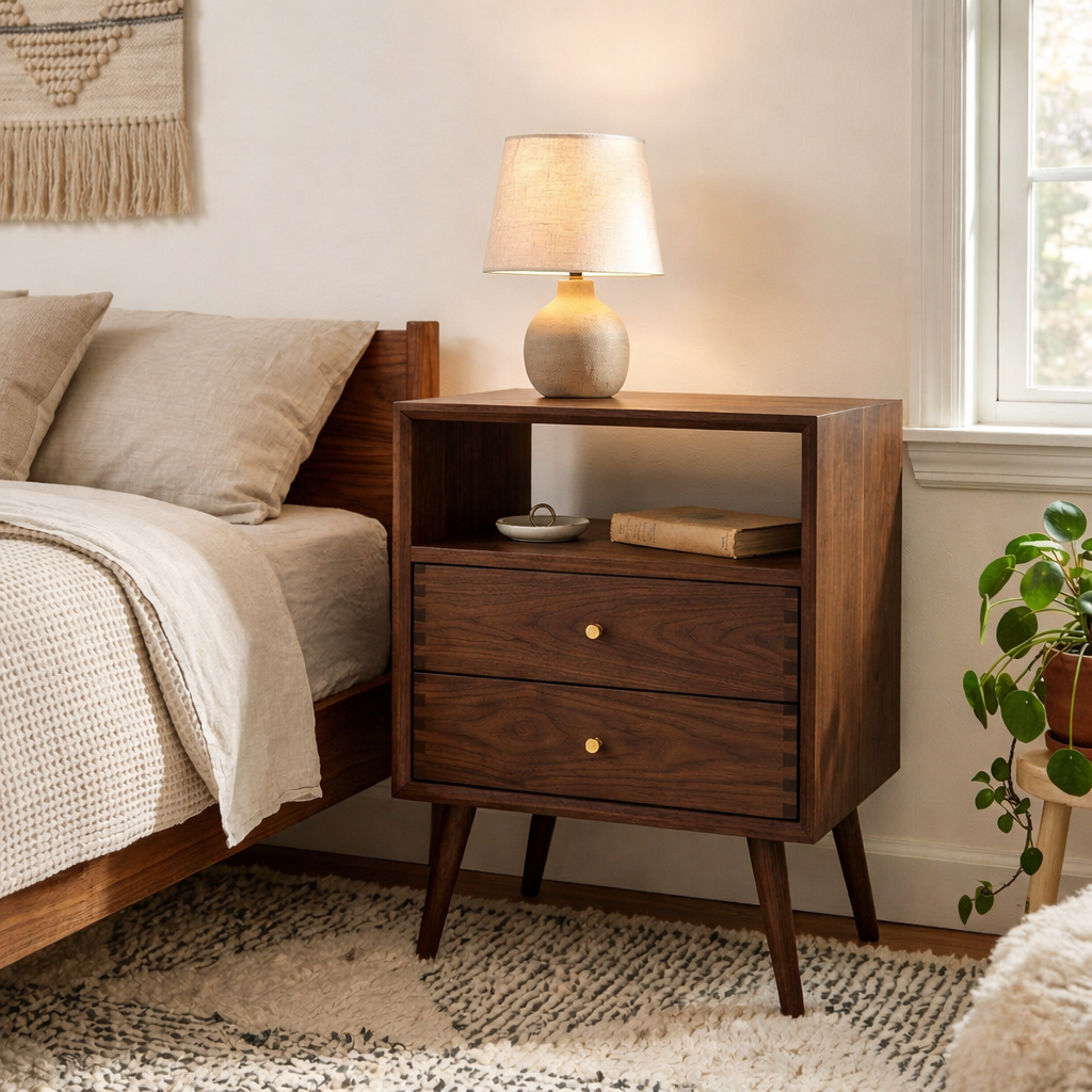 Solid Nightstand - Mid-Century Modern Bedside Table with Open Shelf & 2 Drawers