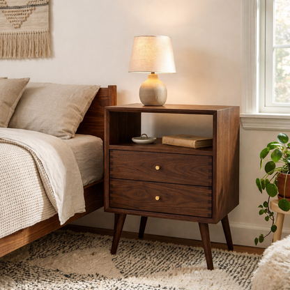 Solid Nightstand - Mid-Century Modern Bedside Table with Open Shelf & 2 Drawers