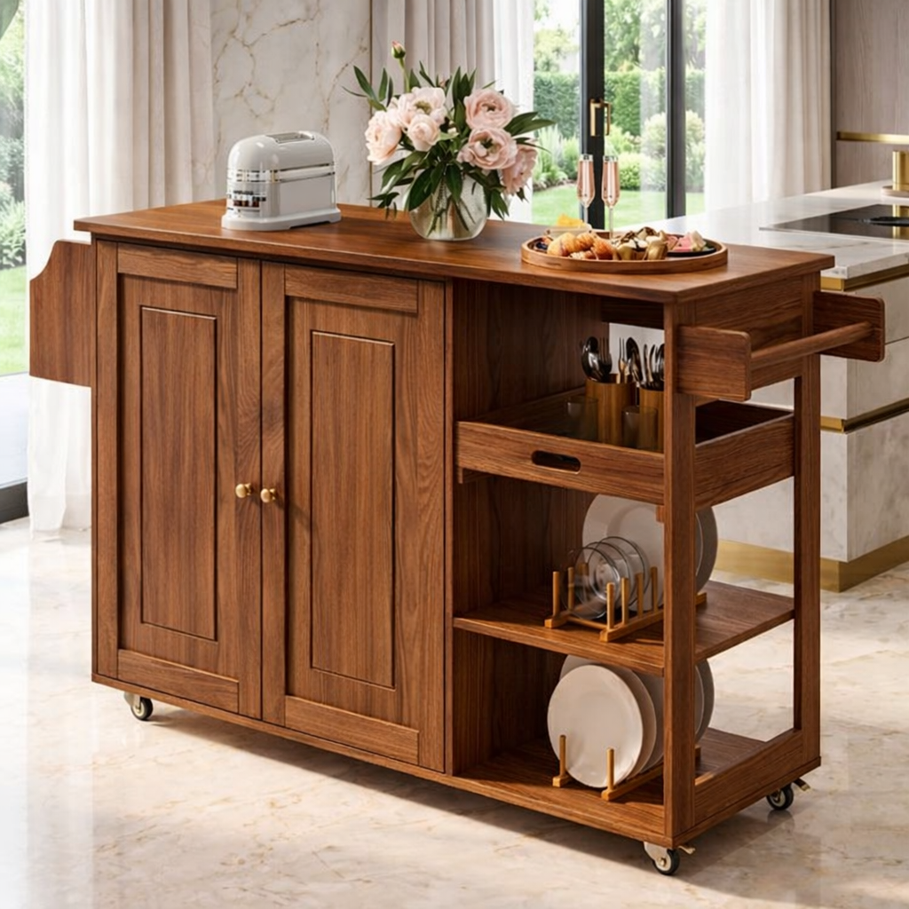 Rolling Kitchen Island with Storage Cabinet, Pull Out Tray, Modern Prep Cart for Dining Space