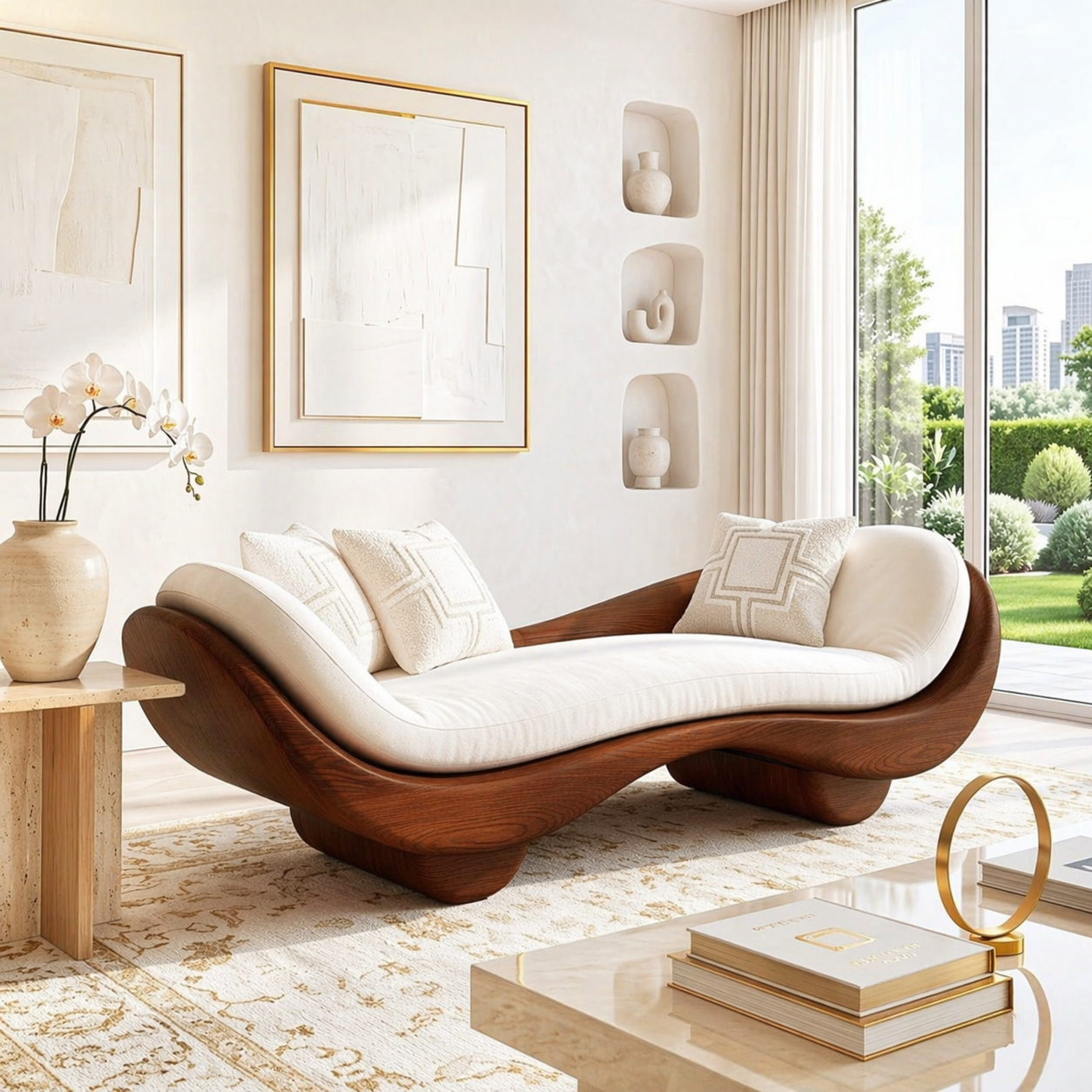 Organic Modern Wooden Chaise Lounge, Sculptural Minimalist Sofa with Cream Cushion