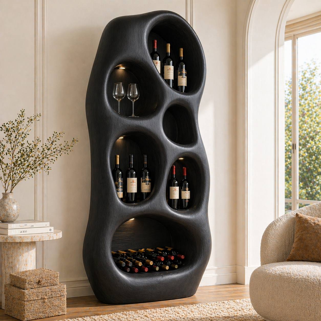 Sculptural Tall Wine Cabinet Freestanding Bottle Display Modern Bar Storage Shelf Unit