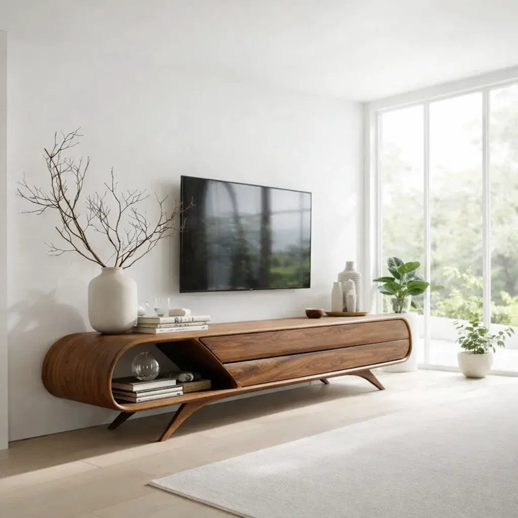 Solid Wood TV Cabinet Curved Modern Media Console Kitchnce
