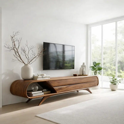 Solid Wood TV Cabinet Curved Modern Media Console Kitchnce