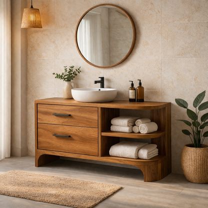 Solid Wood Bathroom Vanity with Drawers and Open Shelf – Modern Bathroom Vanity Cabinet