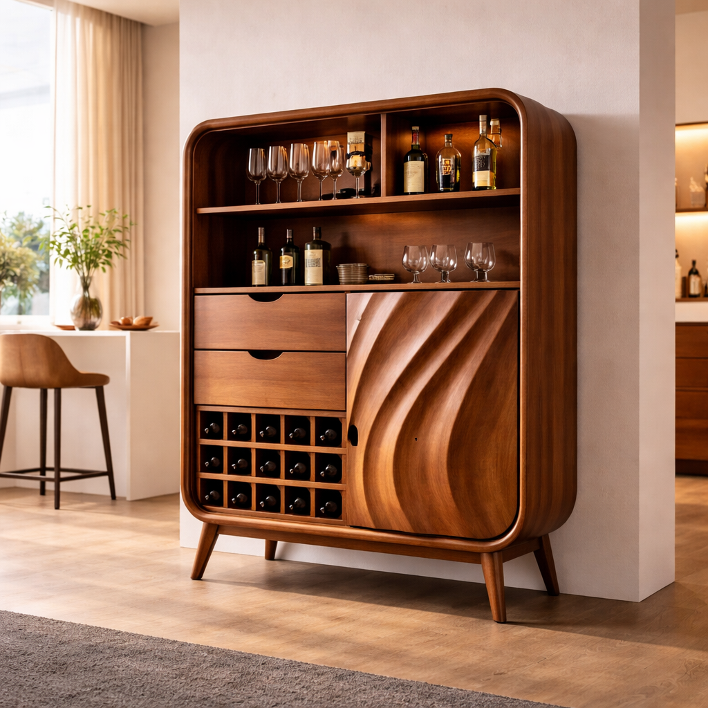 Solid Wood Bar Cabinet with Wine Rack & Curved Frame – Mid Century Modern Liquor Cabinet