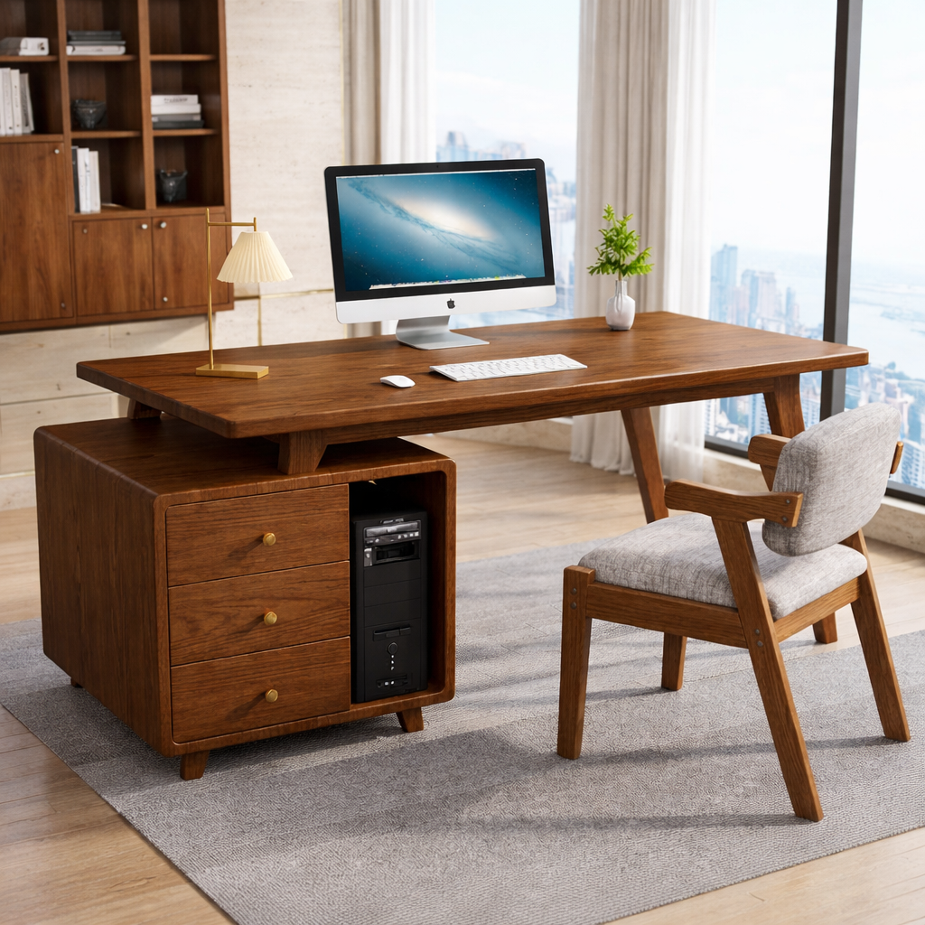 Modern Writing Desk with Drawers and CPU Storage, Home Office Computer Table