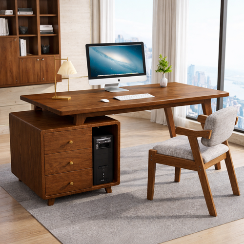Modern Writing Desk with Drawers and CPU Storage, Home Office Computer Table