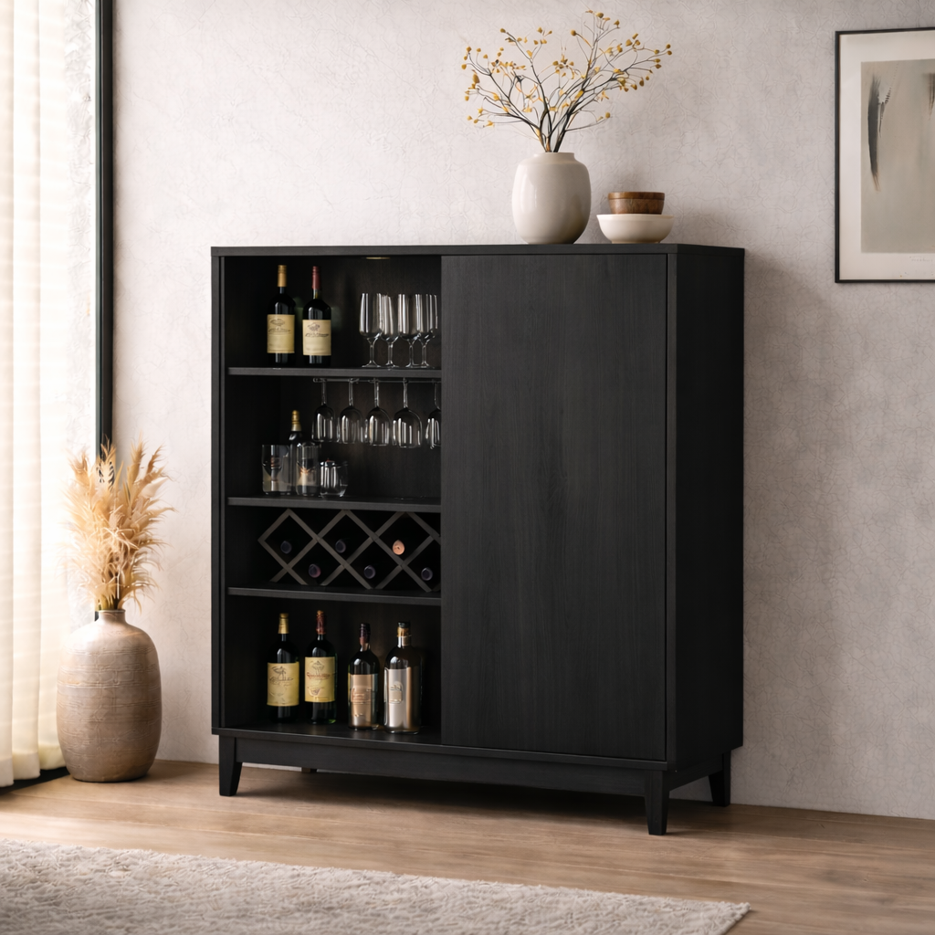 Solid Wood Bar Cabinet with Wine Rack and Glass Storage – Modern Oak Liquor Cabinet