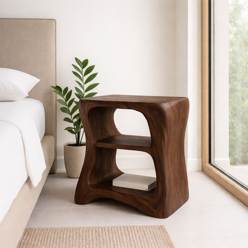 Modern Wooden Nightstand with Curved Design - Solid Wood Bedside Table for Bedroom Kitchnce