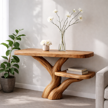 Handcrafted Tree Console Table – Solid Wood Entryway Table with Natural Root Design and Floating Shelf
