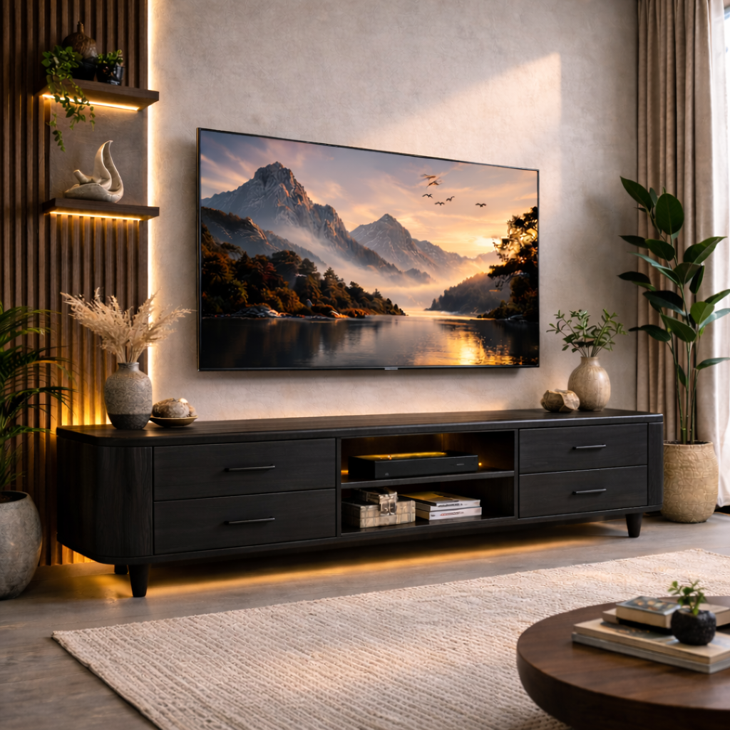 Mid Century Solid Wood TV Stand with Drawers and Open Shelf – Modern Media Console Kitchnce