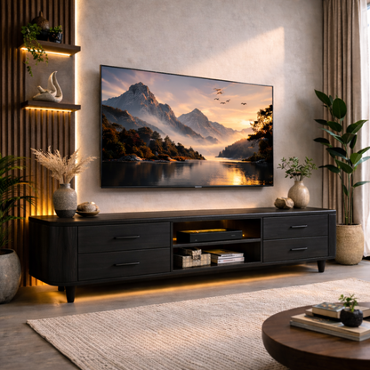 Mid Century Solid Wood TV Stand with Drawers and Open Shelf – Modern Media Console Kitchnce