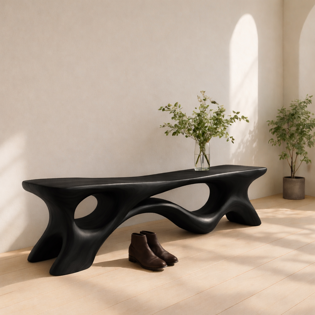 Solid Wood Entryway Bench with Sculptural Base – Modern Organic Wooden Bench Kitchnce