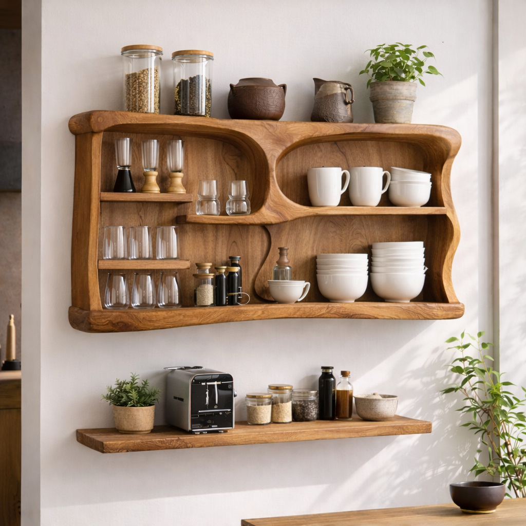 Solid Wood Kitchen Cabinet Shelf – Modern Open Wall Storage with Curved Design