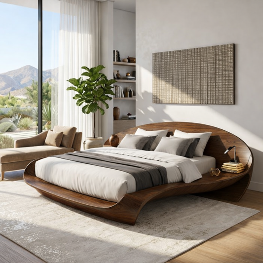 Modern Curved Platform Bed Frame, Sculptural Minimalist Bedroom Furniture