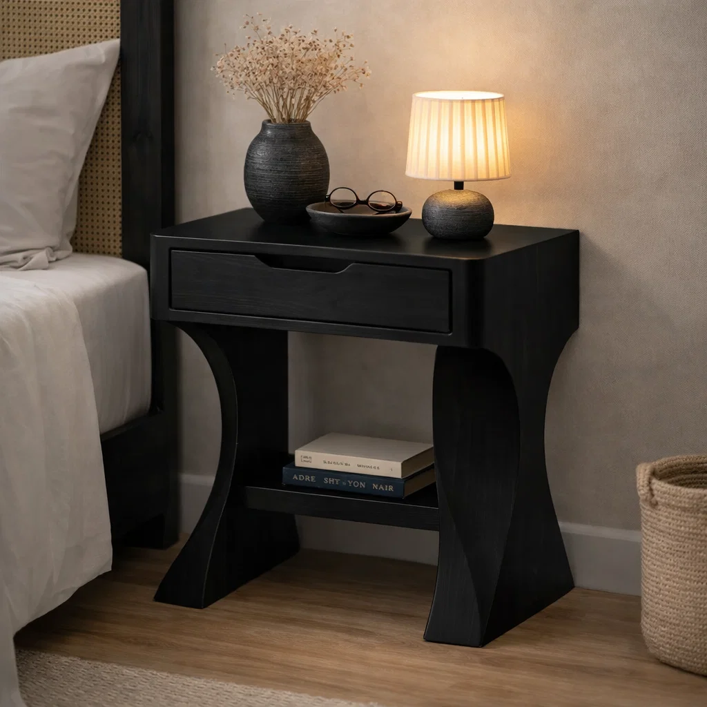 Solid Walnut Nightstand with Drawer and Shelf – Modern Curved Wood Bedside Table Kitchnce