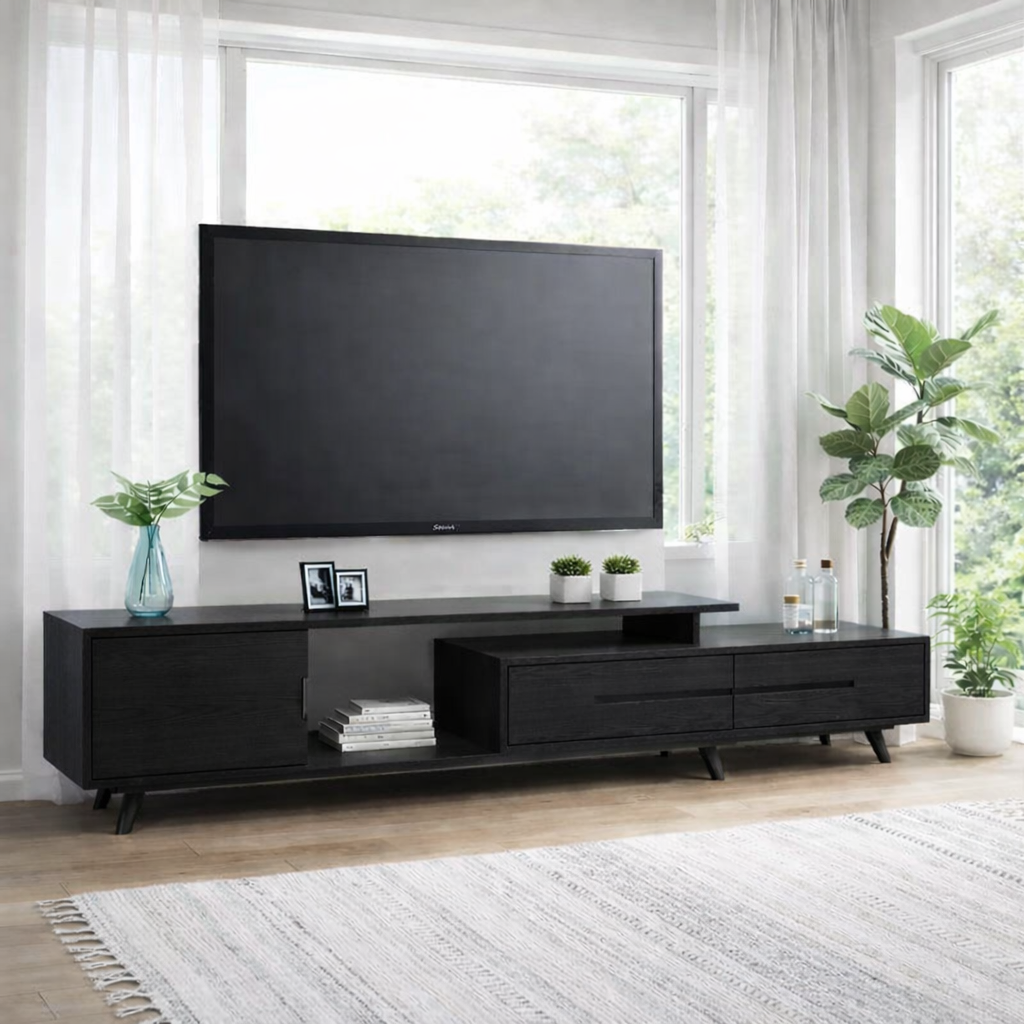Modern Solid Wood TV Console with Drawers & Open Shelf – Low Media Unit