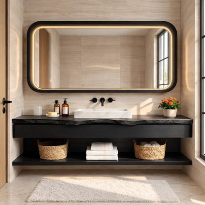 Natural Wood Floating Vanity with Round Mirror and Black Faucets Kitchnce