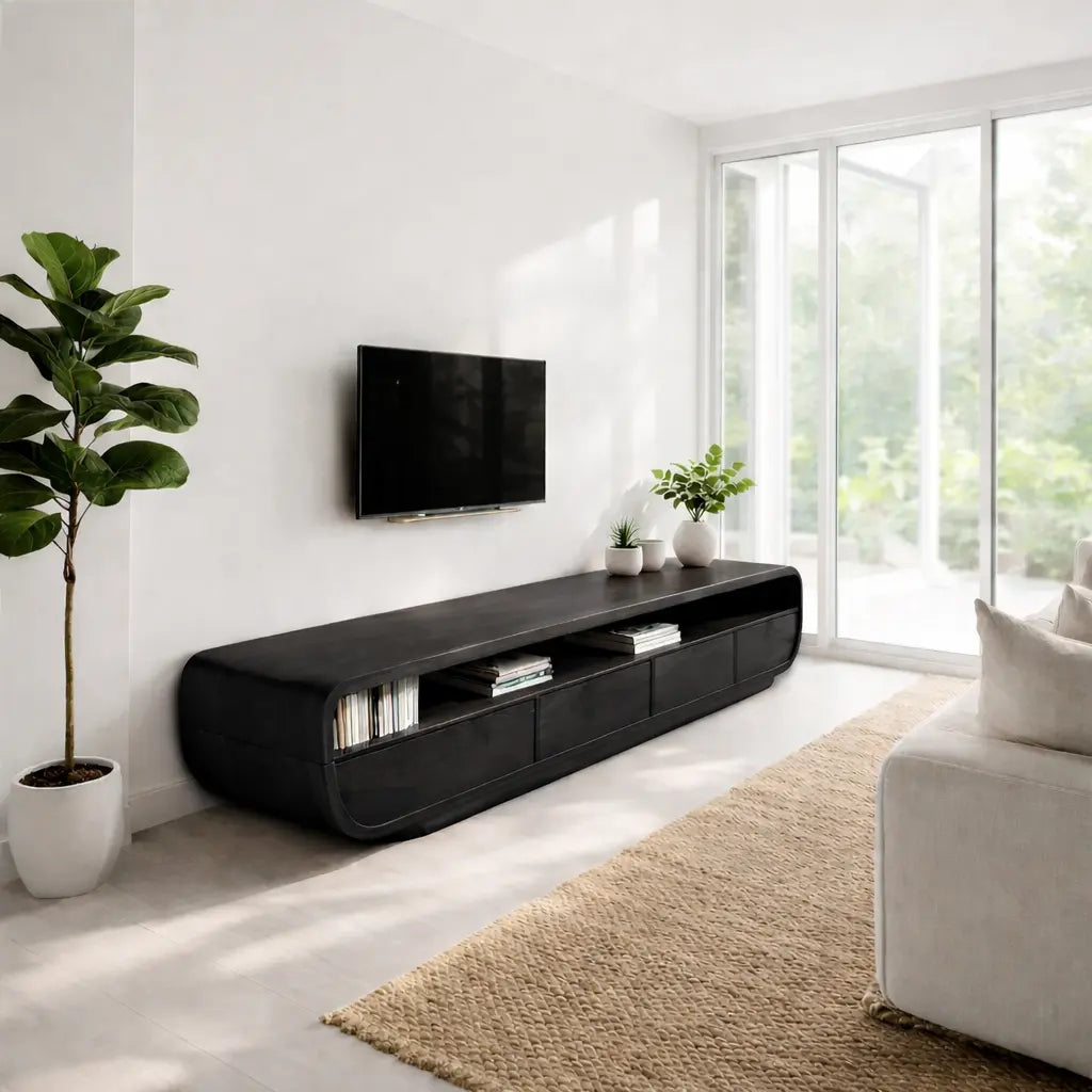 Solid Wood TV Cabinet Modern Curved Media Console with Storage Kitchnce