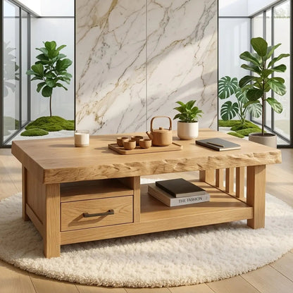 Modern Solid Wood Coffee Table with Drawer and Open Shelf for Living Room Storage Kitchnce