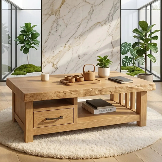 Modern Solid Wood Coffee Table with Drawer and Open Shelf for Living Room Storage Kitchnce