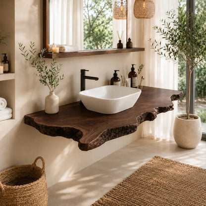 Bark Edge Floating Vanity Shelf | Natural Live Edge Solid Wood Bathroom Kitchnce