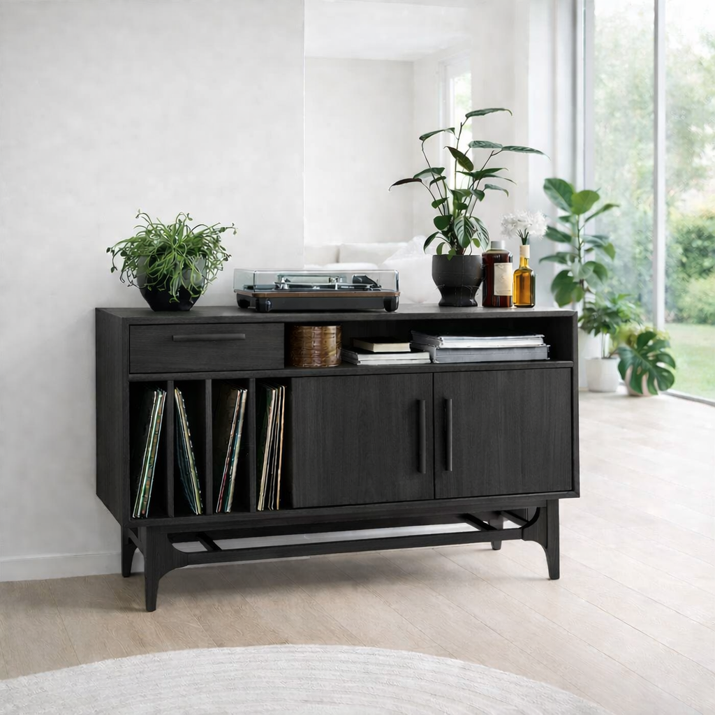Vinyl Record Storage Sideboard Cabinet with Open Shelf and Drawer – Media Console