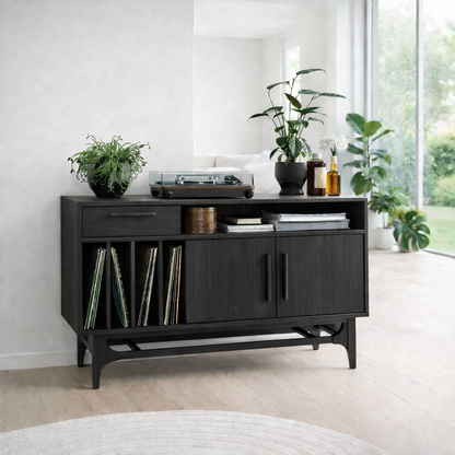 Vinyl Record Storage Sideboard Cabinet with Open Shelf and Drawer – Media Console