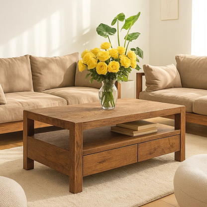Handcrafted Solid Wood Coffee Table – Modern Rustic Center Table with Drawers and Open Shelf for Minimalist Living Room Décor Kitchnce